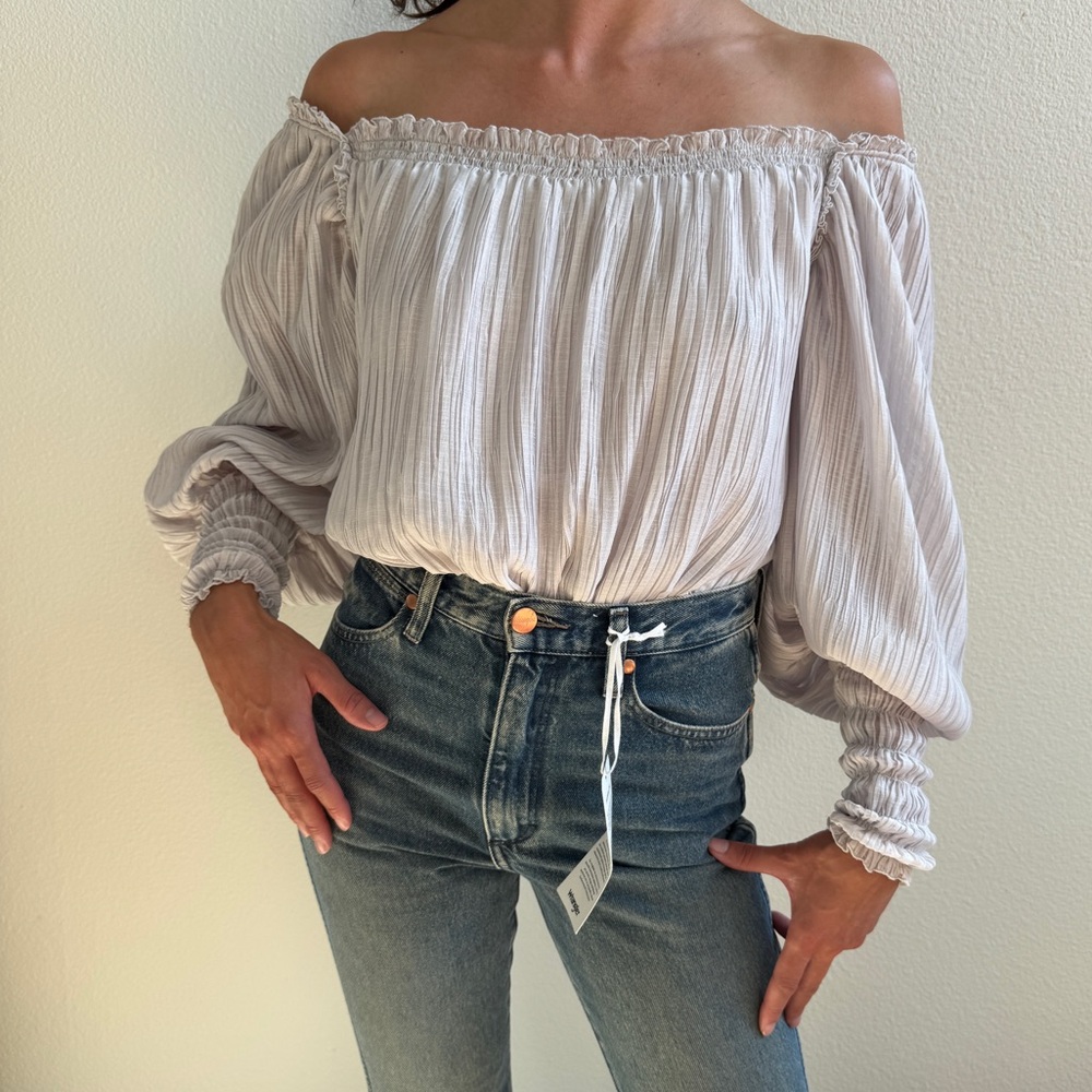 Free People Gray Smocked Bodysuit with Bishop Sleeves